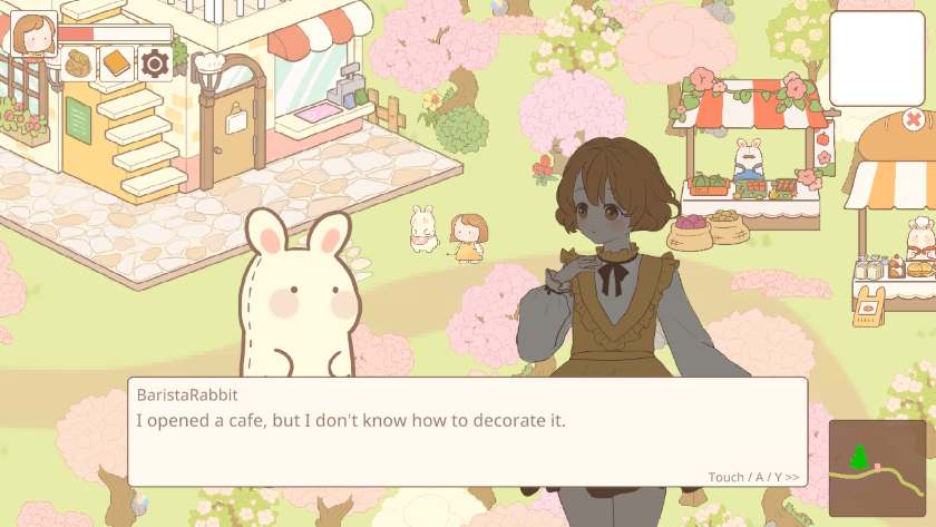 Nana talking to BaristaRabbit, who is saying “I opened a cafe, but don't know how to decorate it.” Published on LadiesGamers