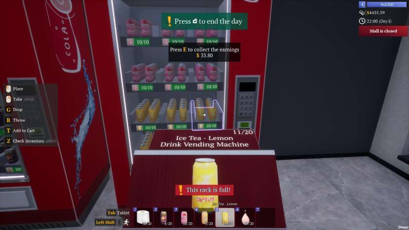 Refilling a vending machine from a box of drinks in Mall Together.