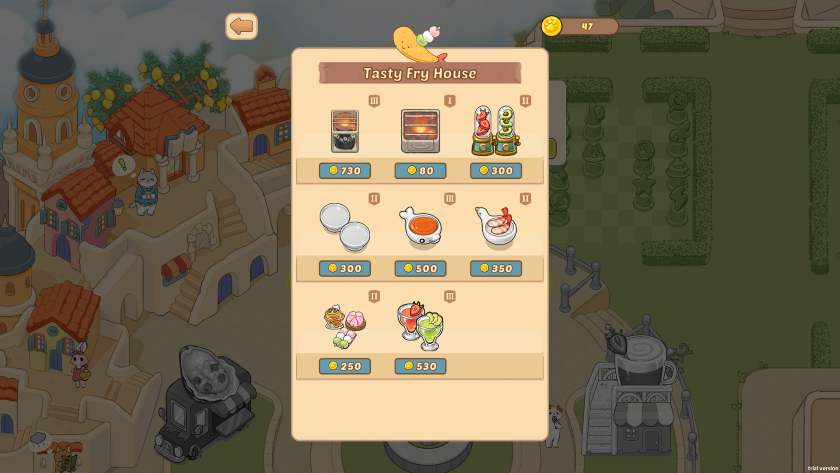 A menu of items you can use to speed up your machines, get more money, and other buffs in Purr-fect Chef: Kitchen Chaos.