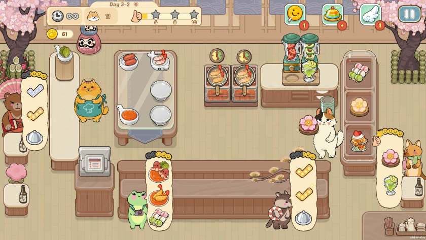 A kitchen is filled with critters trying to order in Purr-fect Chef: Kitchen Chaos.