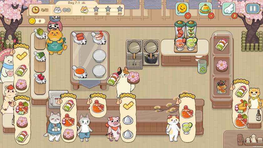 A kitchen is filled with critters trying to order in Purr-fect Chef: Kitchen Chaos.