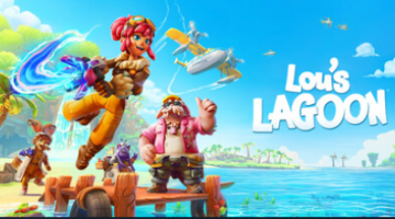 A plane in the air and characters from Lou's Lagoon