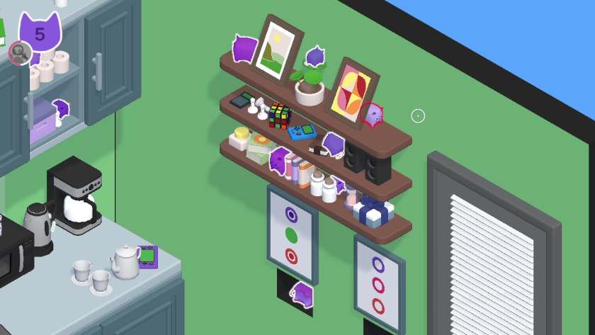 A pale purple cat sitting on a shelf behind a picture, highlighted with a red outline. Published on LadiesGamers