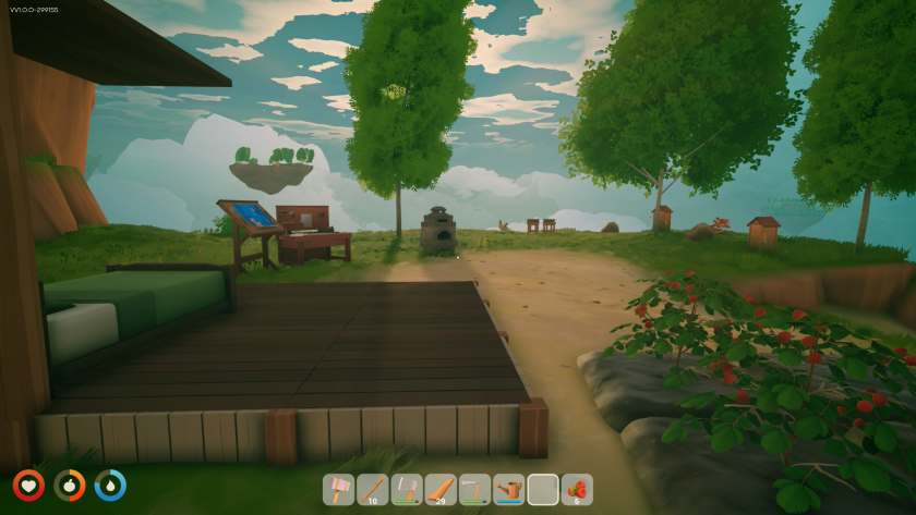 My starting home base, with some berries growing, a platform with a bed and a tiny roof over it, and in the distance a crafting and research table, and furnace. Published on LadiesGamers