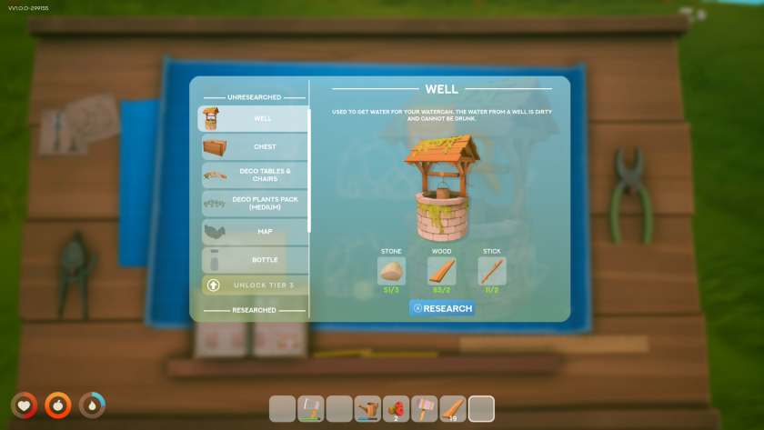 The research table menu, showing that you need stone, wood and sticks to research a well. Published on LadiesGamers