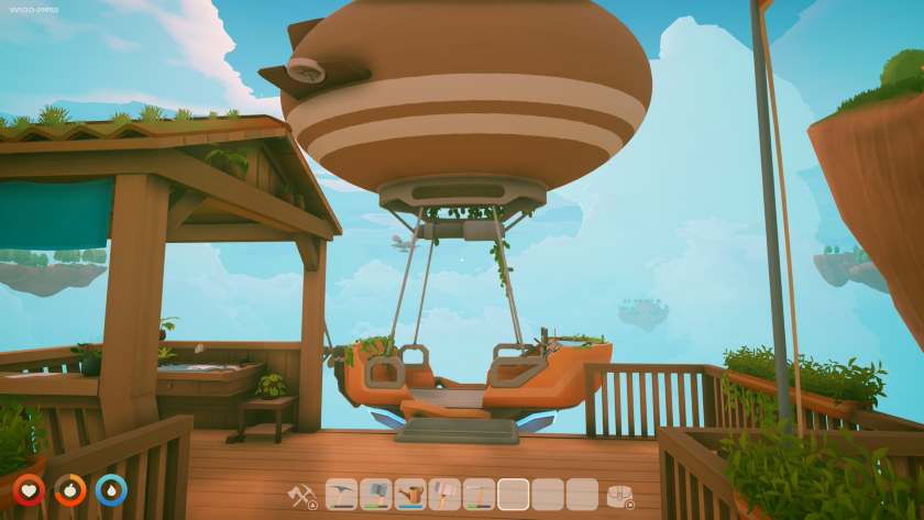 Airship docking platform with airship, an open carriage hanging below a large balloon. Published on LadiesGamers