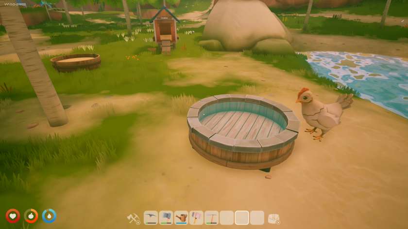 A chicken near the water trough, with its coop in the background. Published on LadiesGamers