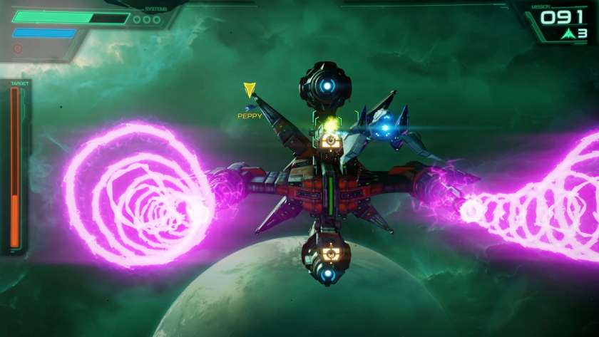 A large eight pointed star-shaped boss, shooting swirling pink beams from two of the points. Published on LadiesGamers