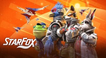 Promotional image for Star Fox, showing the team and an arwing on an orange backdrop. Published on LadiesGamers
