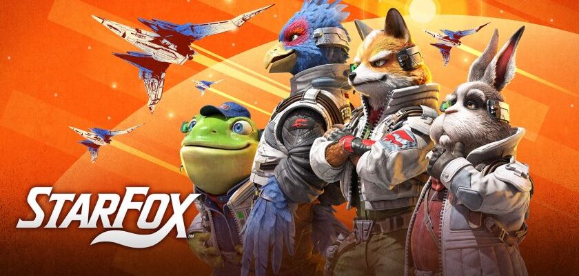 Promotional image for Star Fox, showing the team and an arwing on an orange backdrop. Published on LadiesGamers