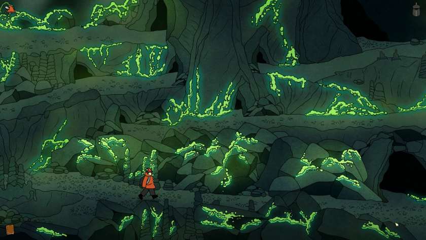 A green-light-filled cave is filled with doorways in The Guardian of Nature.