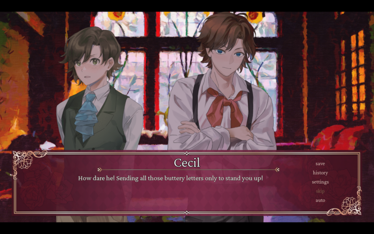 Crimson Waves of the Emerald Sea Amaranthine Moon: visual novel screen with Cecil and Nemo character models behind text box.
