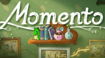the title Momento on a green background with a shelf full of toys, bottles and books underneath the title