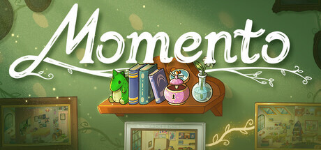 the title Momento on a green background with a shelf full of toys, bottles and books underneath the title