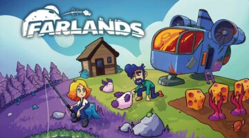 Promotional image for Farlands, showing a couple farming on a pink soiled planet, with a spaceship in the background. Published on LadiesGamers