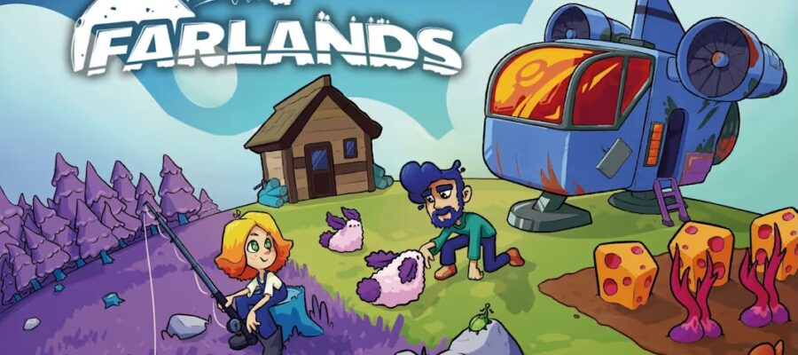 Promotional image for Farlands, showing a couple farming on a pink soiled planet, with a spaceship in the background. Published on LadiesGamers