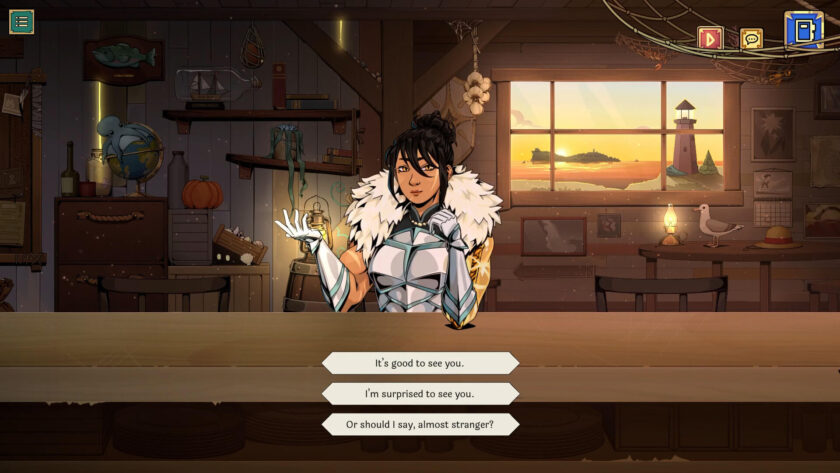 a dark haired woman in a fur collar and a chest plate sitting in a tavern