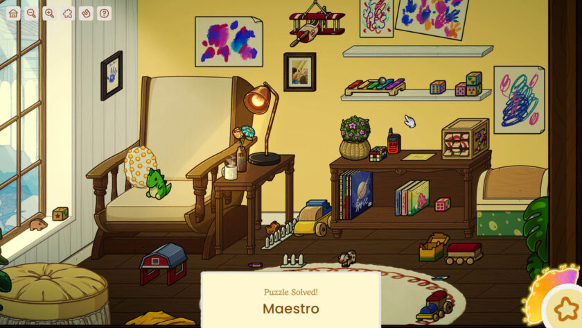 a nursery room with a chair and a lot of toys