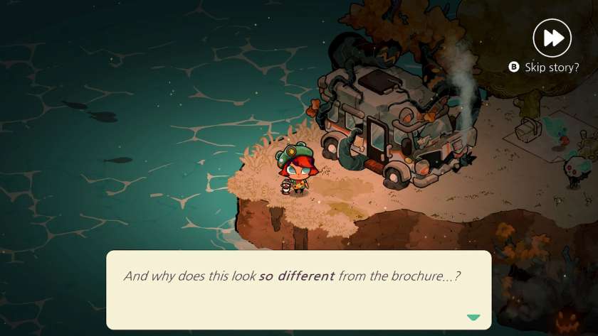 My Spirit Scout character standing next to a wrecked bus, asking why it looks so different to the brochure. Published on LadiesGamers