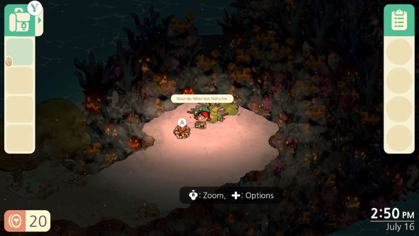 My character standing next to a small campfire, surrounded by dark scary trees. Published on LadiesGamers
