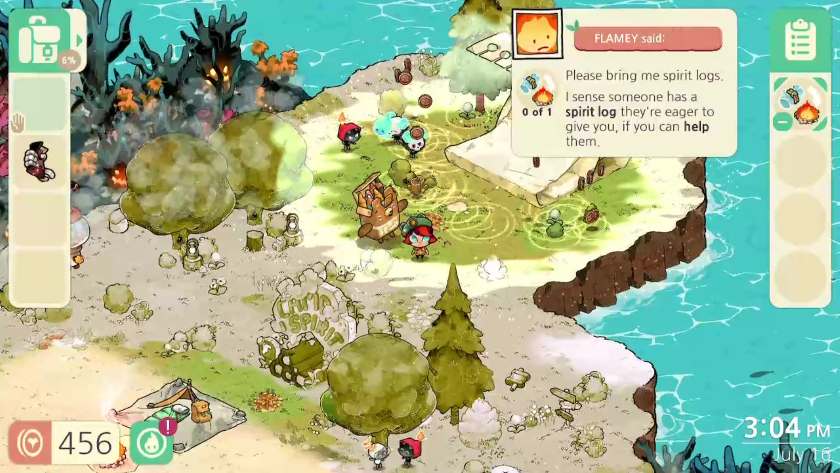 My character standing next to Bunch, a bear who looks like a packet of pencils, and colour is spreading around turning the sepia into greens and browns to match a forest scene. Published on LadiesGamers