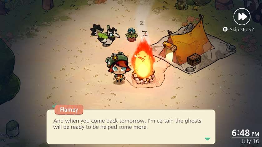 My character standing before the campfire. Flamey is saying that the ghosts will require more help tomorrow. Published on LadiesGamers