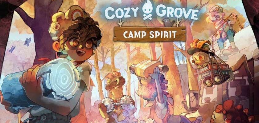 Promotional image for Cozy Grove: Camp Spirit showing a scout carrying a spirit log in a forest. Published on LadiesGamers