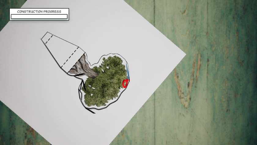 A tree is very messily being cut from paper in Cutout Village.