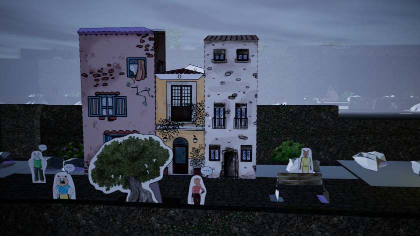 A row of three houses stand next to each other, made of paper, and looking a little messy in Cutout Village.