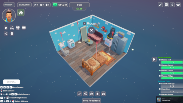 A single room in need of cleaning and repairing on Dearbnb game. Bed needs to be cleaned, toilet needs to be repaired and some pieces of trash were left on the living room. 