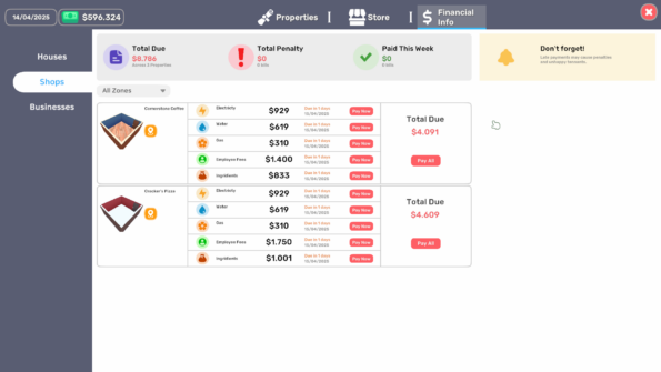 Dearbnb game financial info hub. The image shows the bills that are due to pay for the pizza and coffee shop.