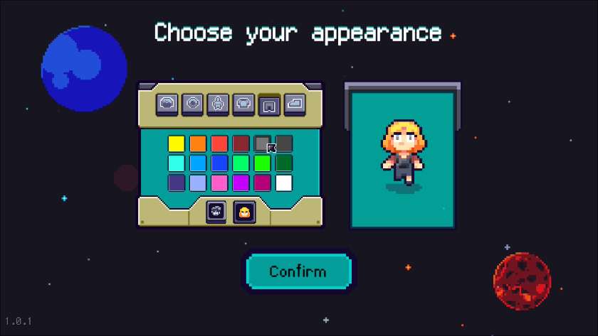 A female character with yellow hair, red top and dark grey dungarees. There are colour choices to the left of the character. Published on LadiesGamers