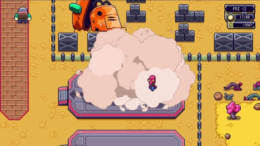 Cloud of dust surrounding my spaceship, with the mechanic appearing from it. Published on LadiesGamers