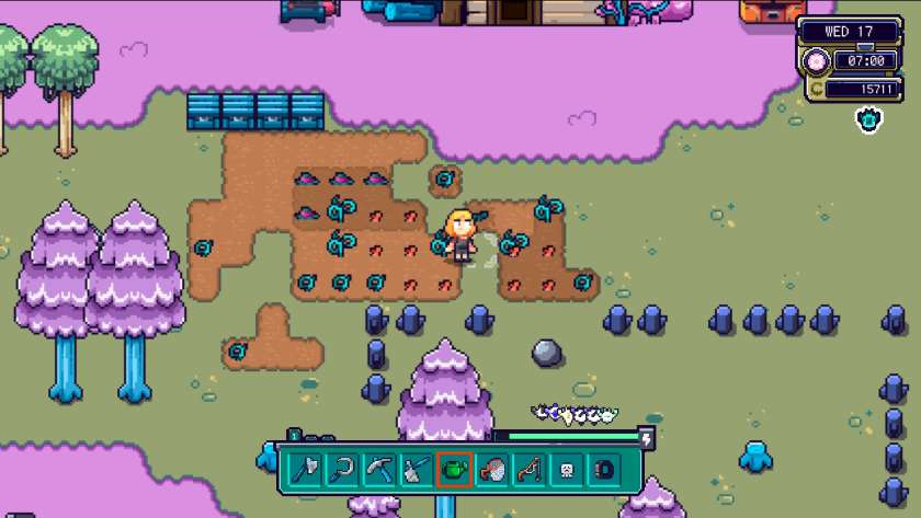 My character standing in the field, surrounded by different crops. Published on LadiesGamers