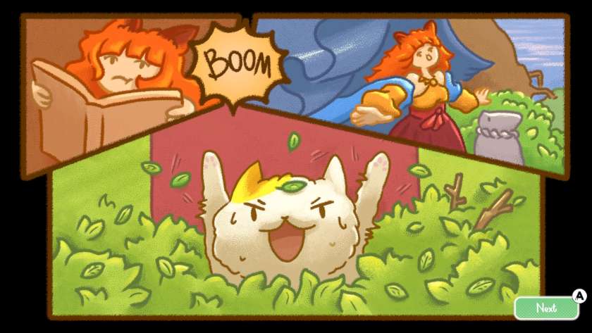 Storyboard showing Kitsune reading, followed by the word “Boom”, then Kitsune outside in front of a statue. The final image shows a cat with its paws in the air. Published on LadiesGamers