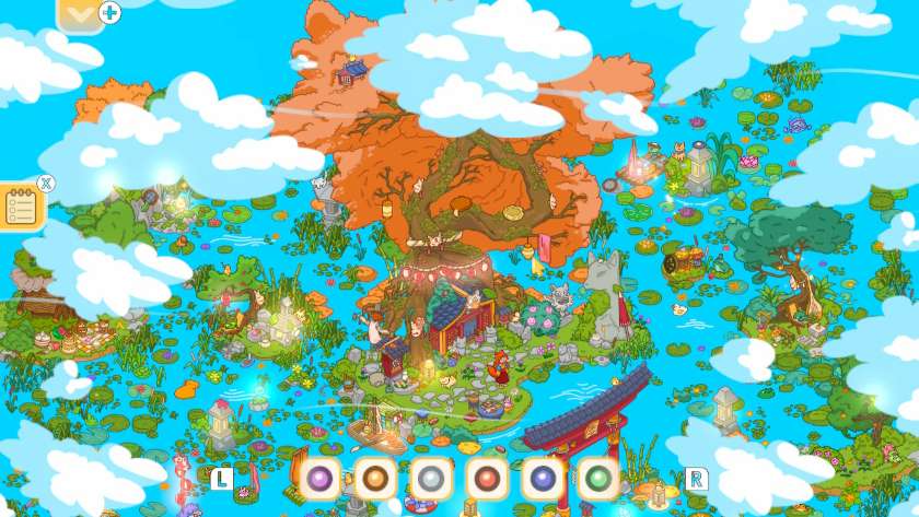 The forgotten shrine world, showing a large tree with orange foliage. There are various little islands, reeds and other plants and lanterns surrounding it. Published on LadiesGamers