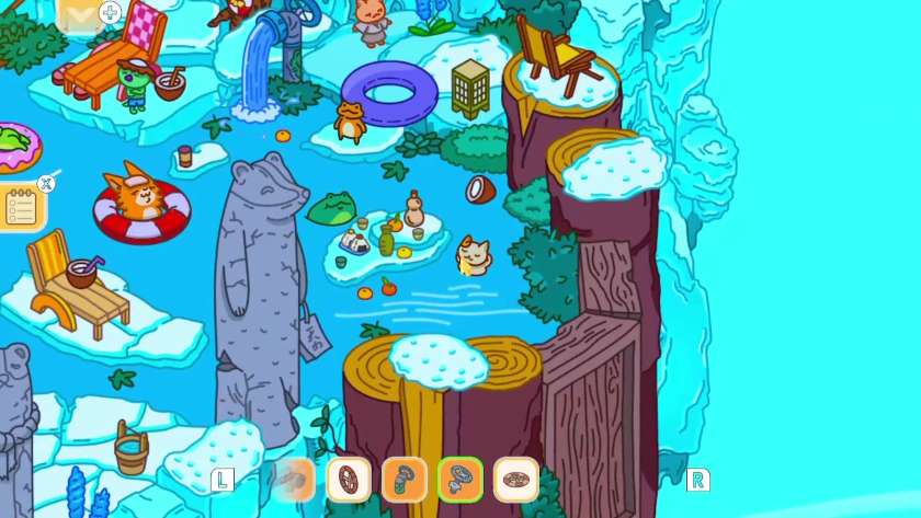 Icy mountainous area with hot springs, various characters are lounging around the edge and in the water. Published on LadiesGamers