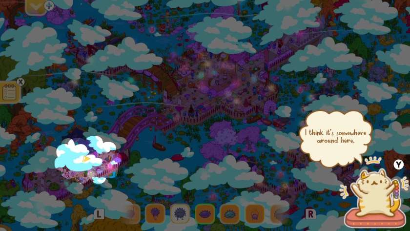 A darken, zoomed out view of Moonbridge Gardens, with Nyaneko-sensei saying “I think it's somewhere around here”, and an highlighted area showing where the 'here' is. Published on LadiesGamers