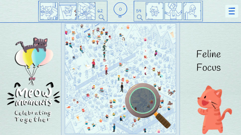 Meow Moments: Celebrating Frost & Flora Feline Focus mode. Zooming in and locating missing balloons on Winter Resort scene