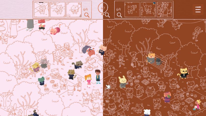 Meow Moments: Celebrating Frost & Flora differences between Light mode and Dark mode on The Cherry Blossom Park scene. Left side of the image is in light mode and the right side is in dark mode