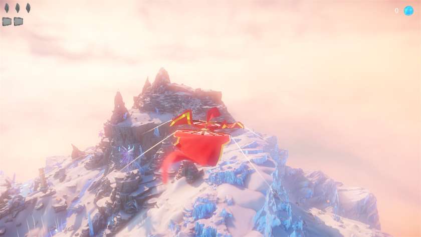 A girl attached to a kite flies over an impossible landscape in Mesoké.