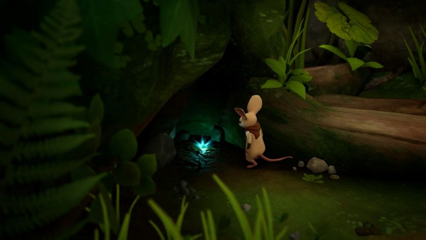 Quill, the mouse, standing on her back legs, looking at an illuminated green shard. Published on LadiesGamers