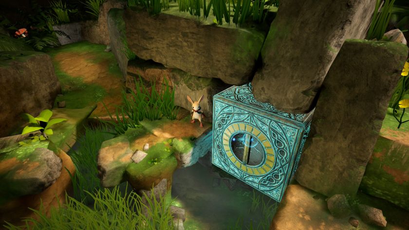 Quill standing beside a large verdigris block, which can be moved to form a pathway. Published on LadiesGamers