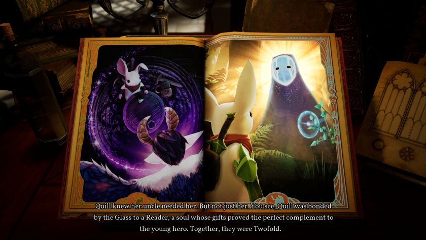 Book two open showing Quill and a picture of a masked character, the reader. Published on LadiesGamers