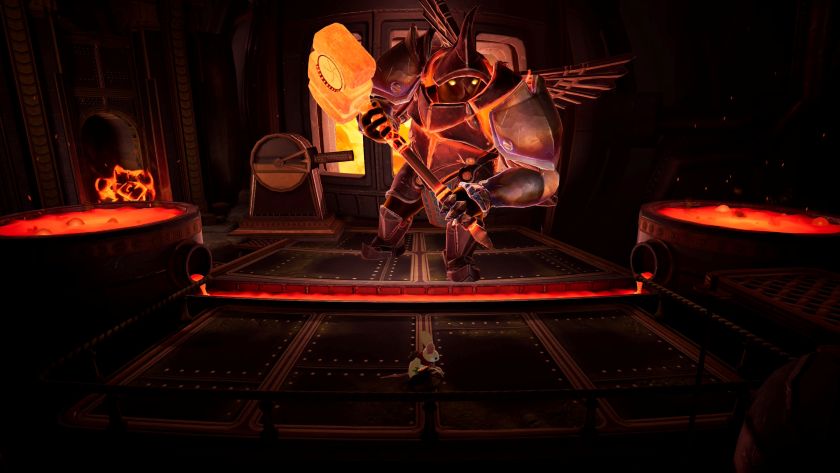 The warden, a huge metal giant creature, wielding a large red hot hammer. Published on LadiesGamers