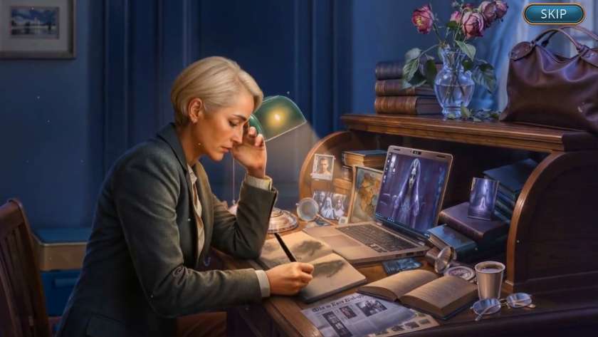 The main character of Mystery Phantoms: Ghostly Secrets sits at her desk, reading.