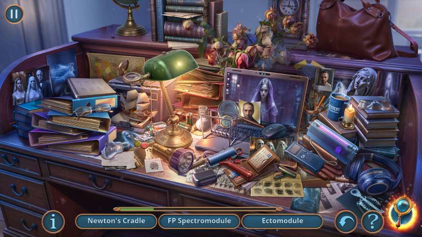 A messy desk is covered with a bunch of items to sort through in Mystery Phantoms: Ghostly Secrets.