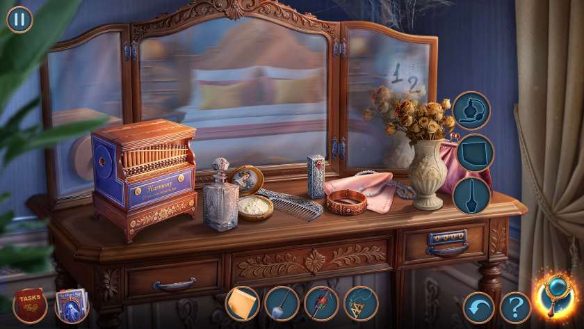 A dresser with a mirror has a bunch of interactable objects on top of it in Mystery Phantoms: Ghostly Secrets.