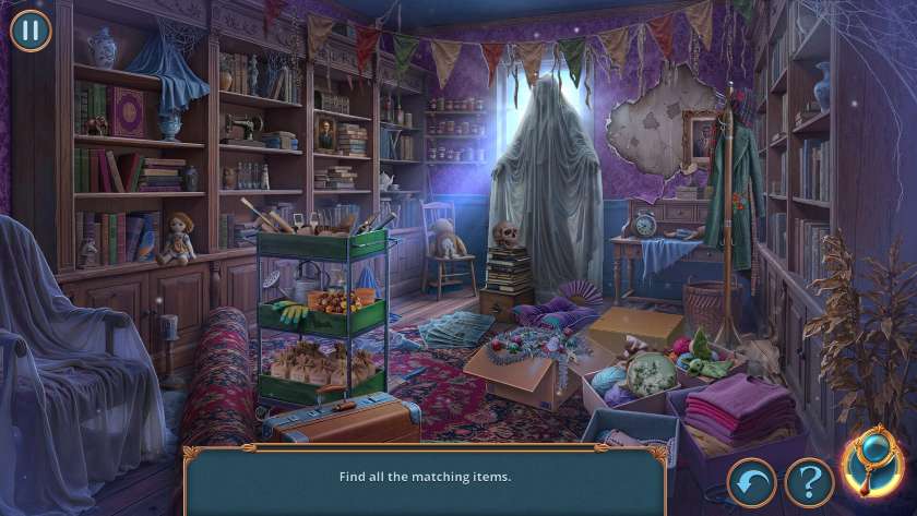 A spooky-looking room is covered in loads of objects to find in Mystery Phantoms: Ghostly Secrets.