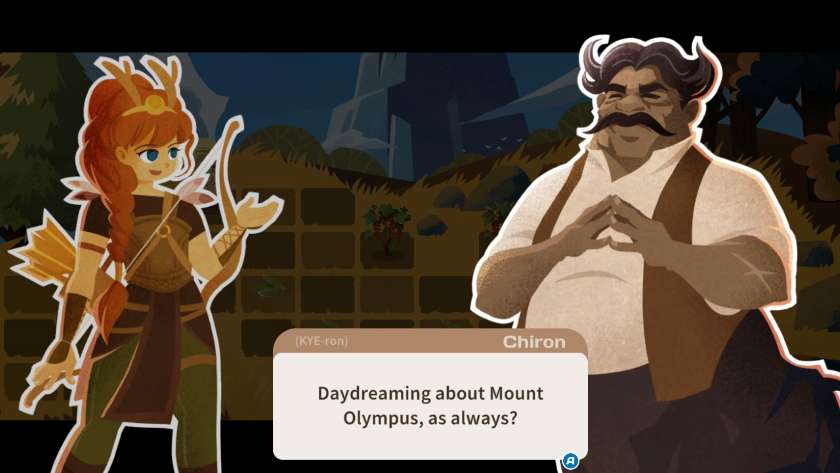 Artemis talking to Chiron, who is saying “daydreaming about Mount Olympus, as always.” Published on LadiesGamers